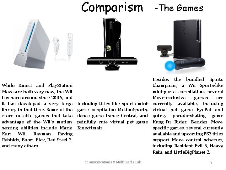 Comparism While Kinect and Play. Station Move are both very new, the Wii has