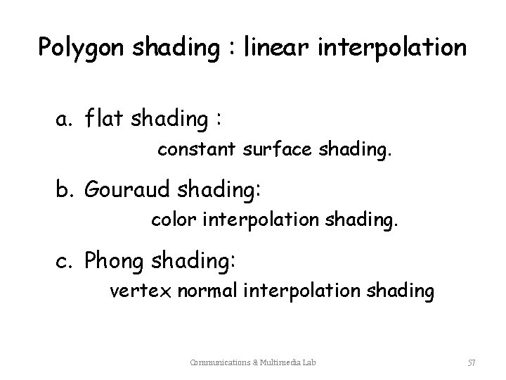 Polygon shading : linear interpolation a. flat shading : constant surface shading. b. Gouraud