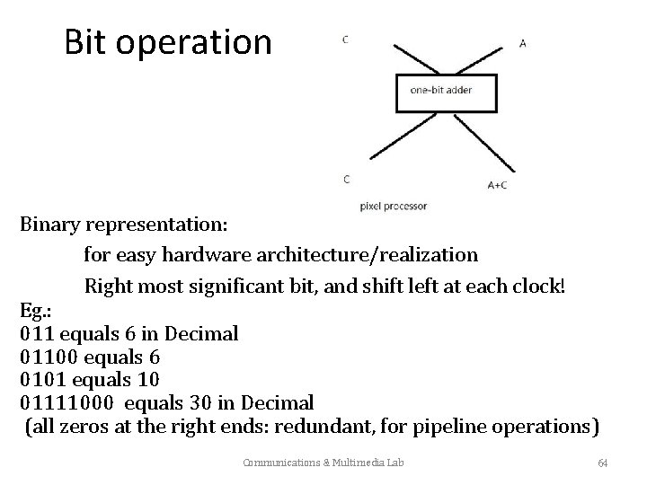 Bit operation Binary representation: for easy hardware architecture/realization Right most significant bit, and shift