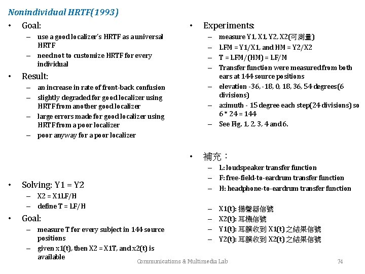 Nonindividual HRTF(1993) • Goal: • – use a good localizer's HRTF as a universal