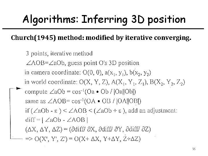 Algorithms: Inferring 3 D position Church(1945) method: modified by iterative converging. Communications & Multimedia