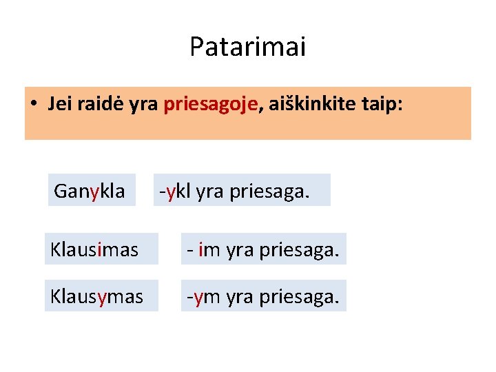 Patarimai • Jei raidė yra priesagoje, aiškinkite taip: Ganykla -ykl yra priesaga. Klausimas -