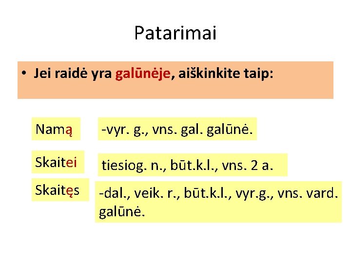 Patarimai • Jei raidė yra galūnėje, aiškinkite taip: Namą -vyr. g. , vns. galūnė.