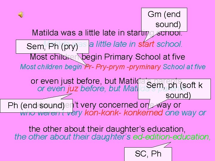 Gm (end sound) Matilda was a little late in starting school. was a little