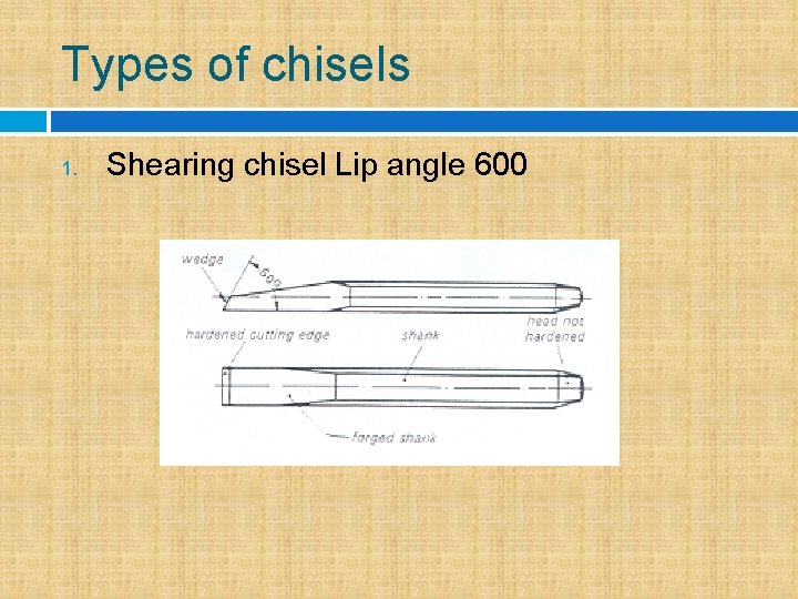 Types of chisels 1. Shearing chisel Lip angle 600 