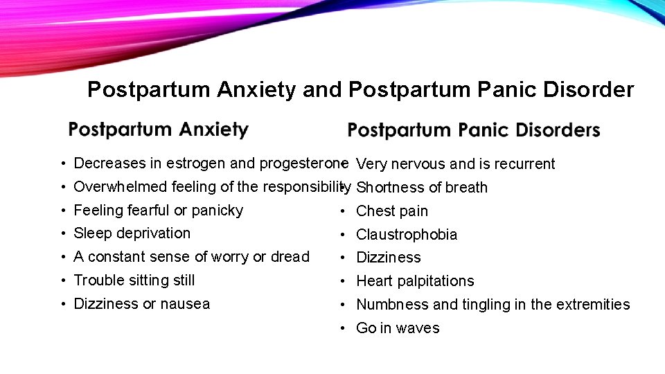 Postpartum Anxiety and Postpartum Panic Disorder • Decreases in estrogen and progesterone • Very