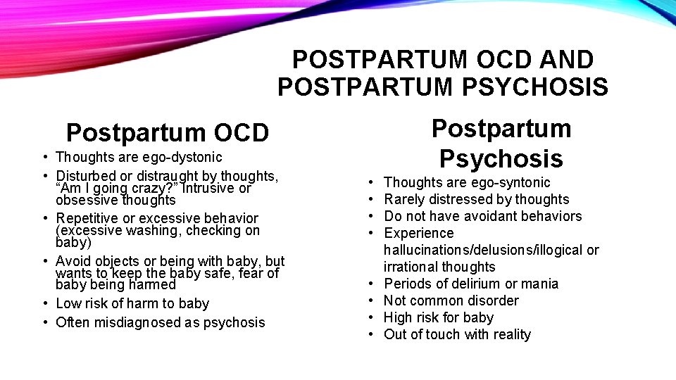 POSTPARTUM OCD AND POSTPARTUM PSYCHOSIS Postpartum Psychosis Postpartum OCD • Thoughts are ego-dystonic •