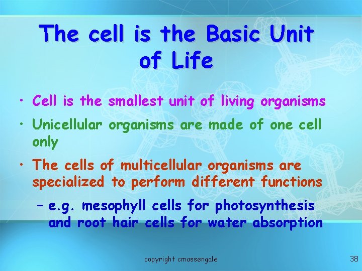 The cell is the Basic Unit of Life • Cell is the smallest unit