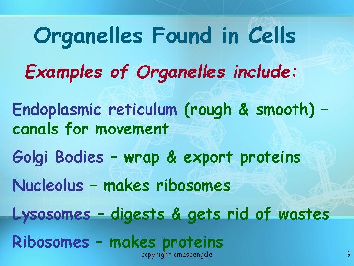 Organelles Found in Cells Examples of Organelles include: Endoplasmic reticulum (rough & smooth) –