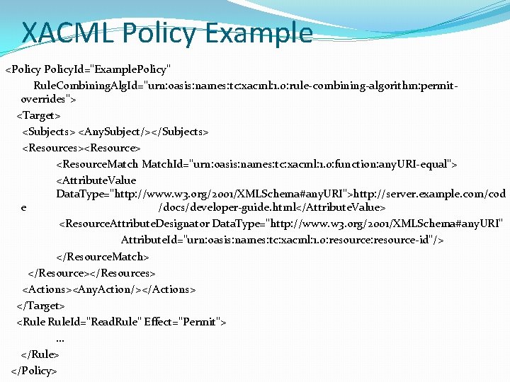 XACML Policy Example <Policy. Id="Example. Policy" Rule. Combining. Alg. Id="urn: oasis: names: tc: xacml: