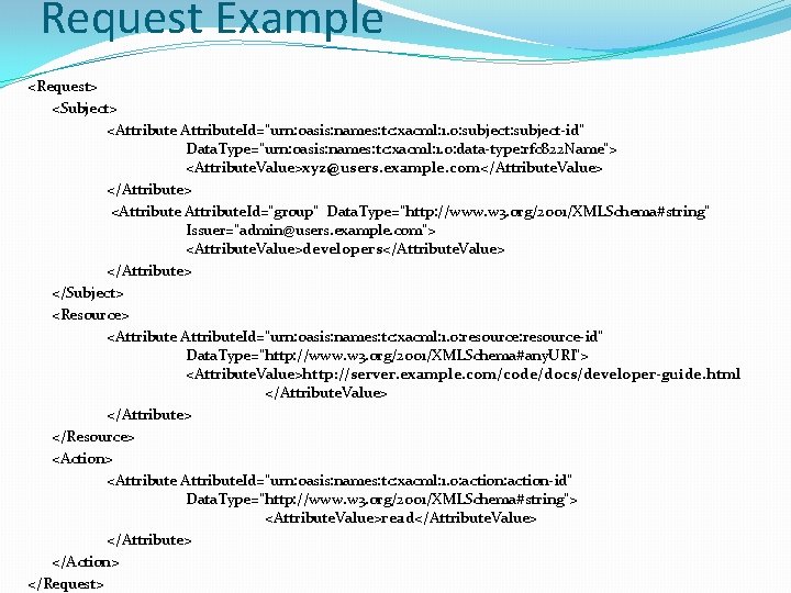 Request Example <Request> <Subject> <Attribute. Id="urn: oasis: names: tc: xacml: 1. 0: subject-id" Data.