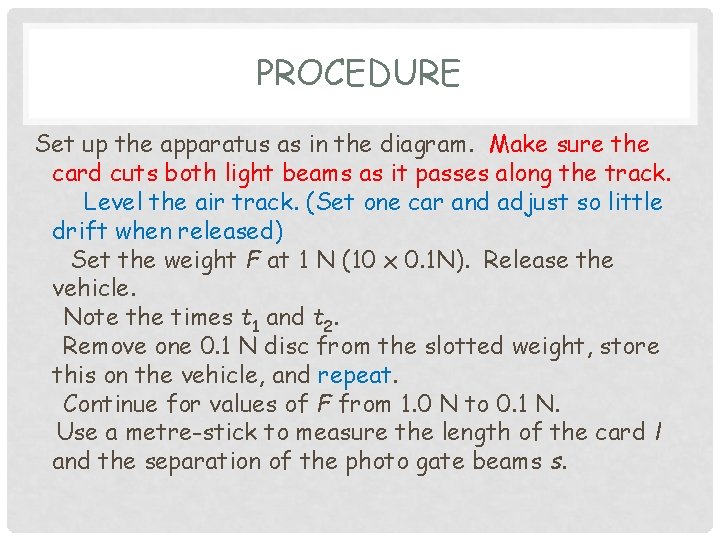 PROCEDURE Set up the apparatus as in the diagram. Make sure the card cuts