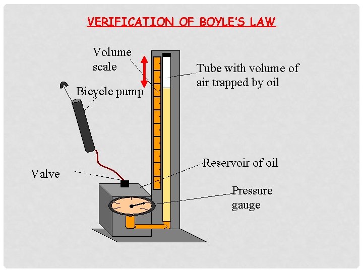 VERIFICATION OF BOYLE’S LAW Volume scale Bicycle pump Valve Tube with volume of air