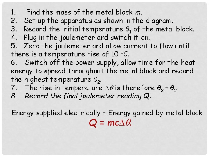 1. Find the mass of the metal block m. 2. Set up the apparatus