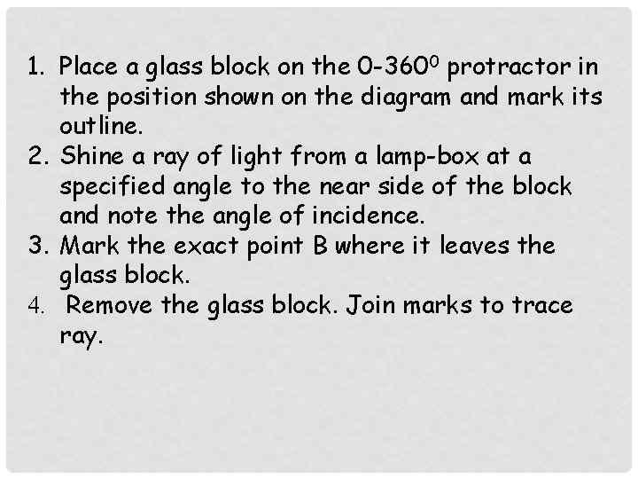 1. Place a glass block on the 0 -3600 protractor in the position shown