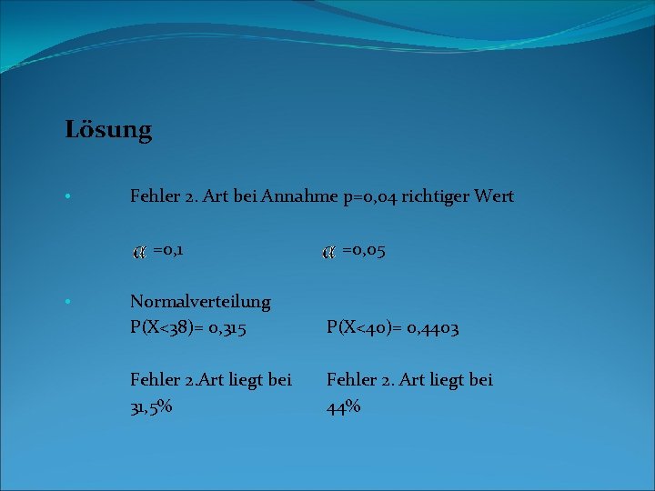 Lösung • Fehler 2. Art bei Annahme p=0, 04 richtiger Wert =0, 1 =0,