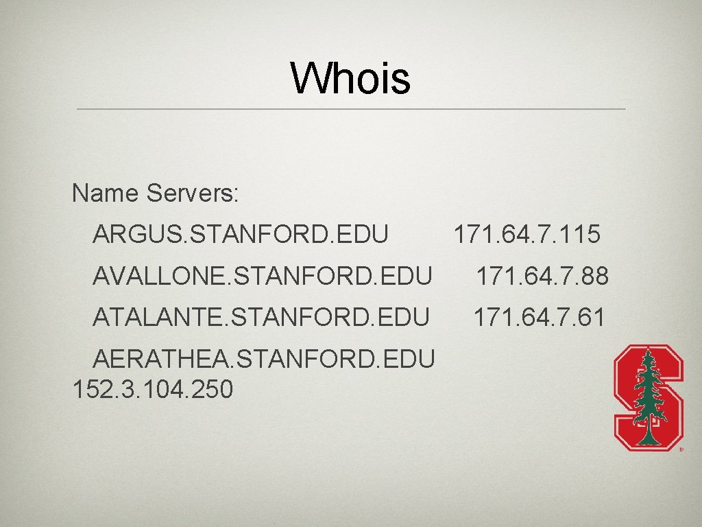 Whois Name Servers: ARGUS. STANFORD. EDU 171. 64. 7. 115 AVALLONE. STANFORD. EDU 171.