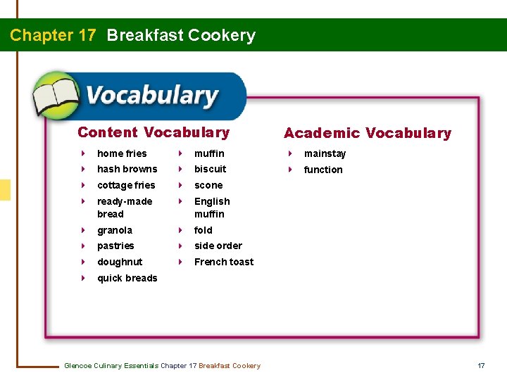 Chapter 17 Breakfast Cookery Content Vocabulary Academic Vocabulary home fries muffin mainstay hash browns