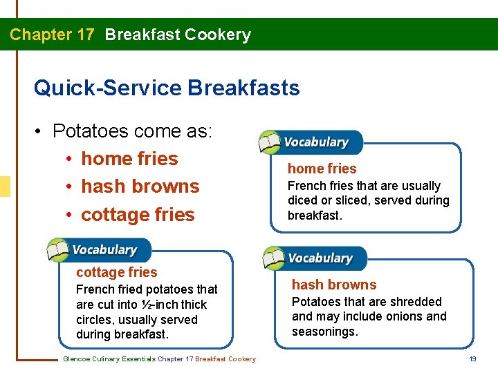 Chapter 17 Breakfast Cookery Quick-Service Breakfasts • Potatoes come as: • home fries •