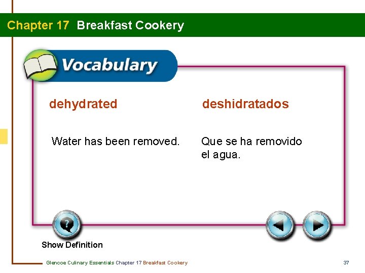 Chapter 17 Breakfast Cookery dehydrated deshidratados Water has been removed. Que se ha removido