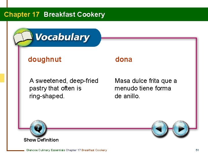 Chapter 17 Breakfast Cookery doughnut dona A sweetened, deep-fried pastry that often is ring-shaped.
