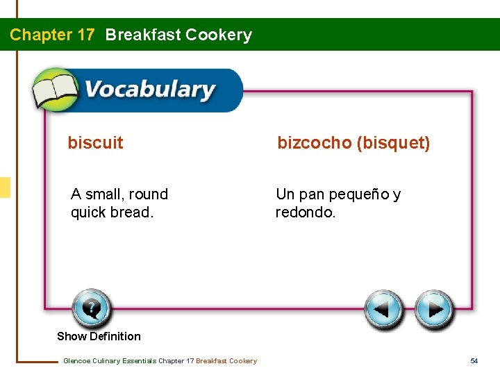 Chapter 17 Breakfast Cookery biscuit bizcocho (bisquet) A small, round quick bread. Un pan