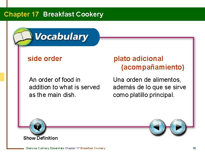 Chapter 17 Breakfast Cookery side order plato adicional (acompañamiento) An order of food in