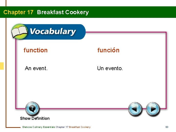 Chapter 17 Breakfast Cookery function función An event. Un evento. Show Definition Glencoe Culinary
