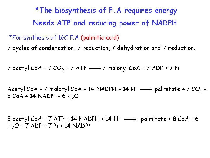 *The biosynthesis of F. A requires energy Needs ATP and reducing power of NADPH