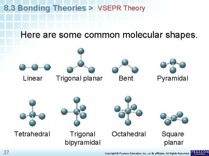 8. 3 Bonding Theories > VSEPR Theory Here are some common molecular shapes. Linear