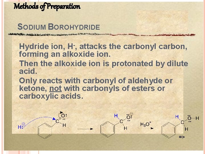 Methods of Preparation SODIUM BOROHYDRIDE Hydride ion, H-, attacks the carbonyl carbon, forming an