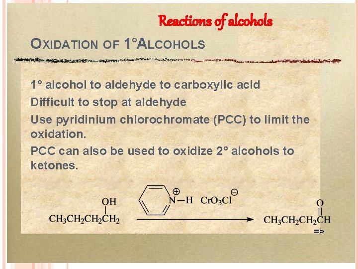 Reactions of alcohols OXIDATION OF 1°ALCOHOLS 1° alcohol to aldehyde to carboxylic acid Difficult