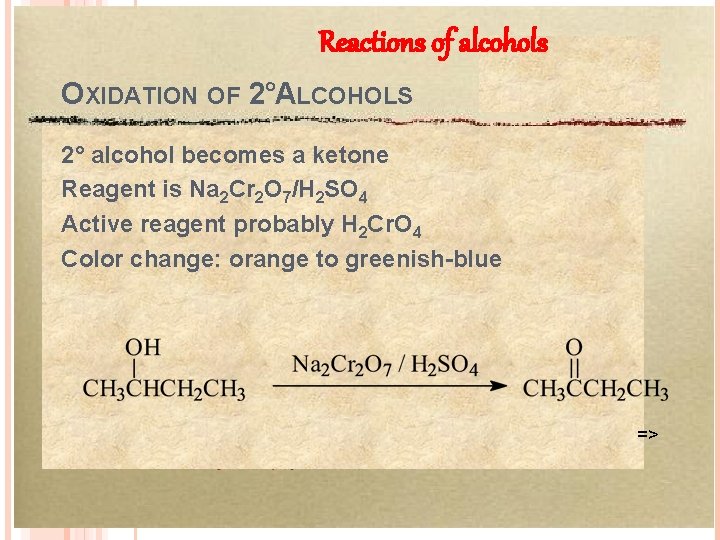 Reactions of alcohols OXIDATION OF 2°ALCOHOLS 2° alcohol becomes a ketone Reagent is Na