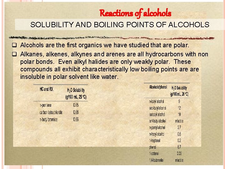 Reactions of alcohols SOLUBILITY AND BOILING POINTS OF ALCOHOLS q Alcohols are the first