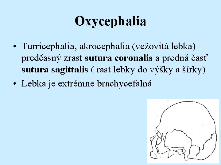 Oxycephalia • Turricephalia, akrocephalia (vežovitá lebka) – predčasný zrast sutura coronalis a predná časť