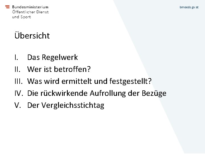 bmoeds. gv. at Übersicht I. III. IV. V. Das Regelwerk Wer ist betroffen? Was