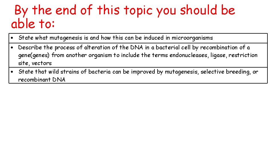 By the end of this topic you should be able to: State what mutagenesis