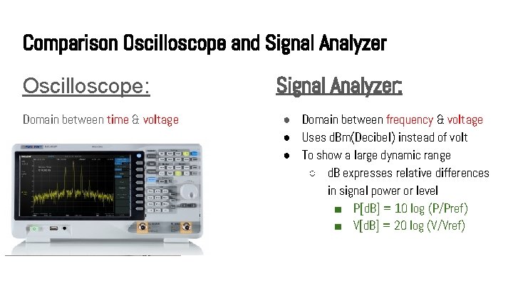 Comparison Oscilloscope and Signal Analyzer Oscilloscope: Domain between time & voltage Signal Analyzer: ●