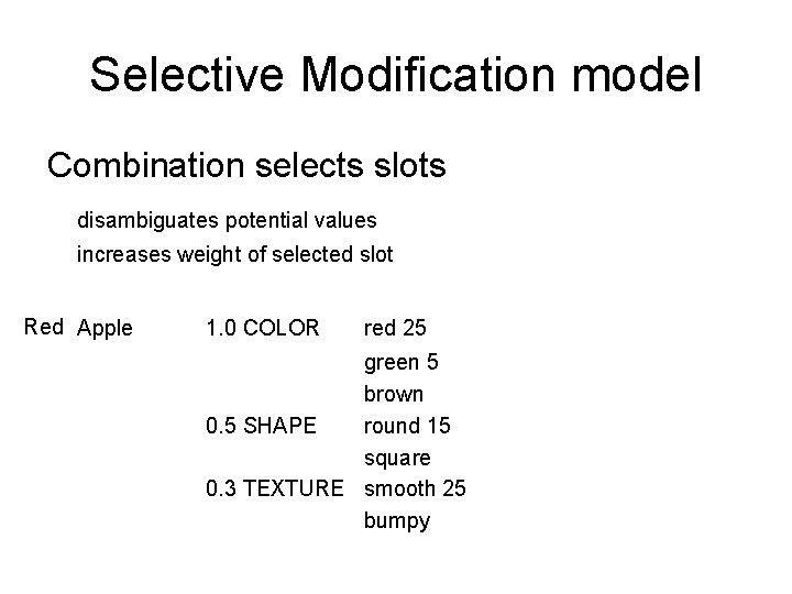 Selective Modification model Combination selects slots disambiguates potential values increases weight of selected slot