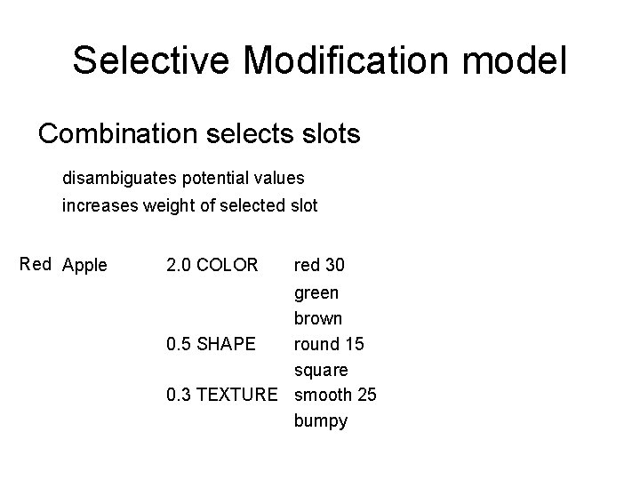 Selective Modification model Combination selects slots disambiguates potential values increases weight of selected slot