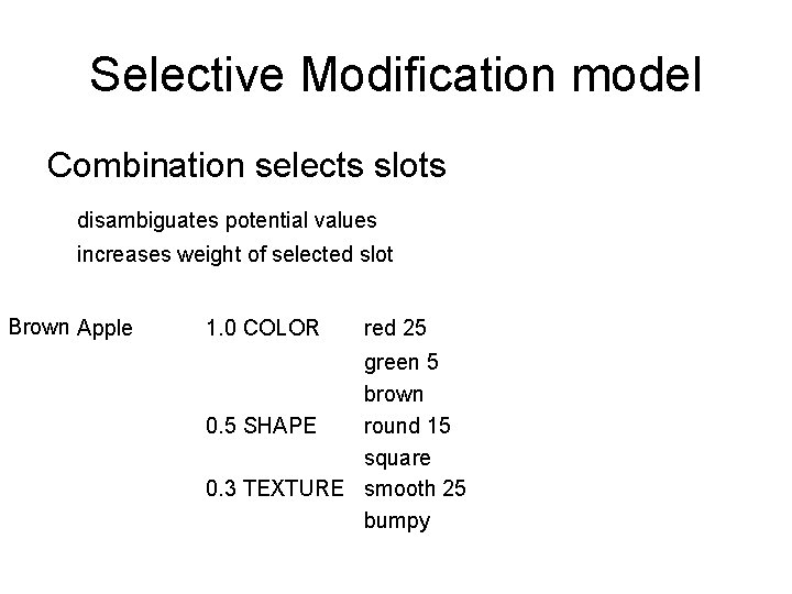Selective Modification model Combination selects slots disambiguates potential values increases weight of selected slot