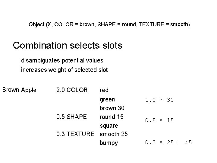 Object (X, COLOR = brown, SHAPE = round, TEXTURE = smooth) Combination selects slots