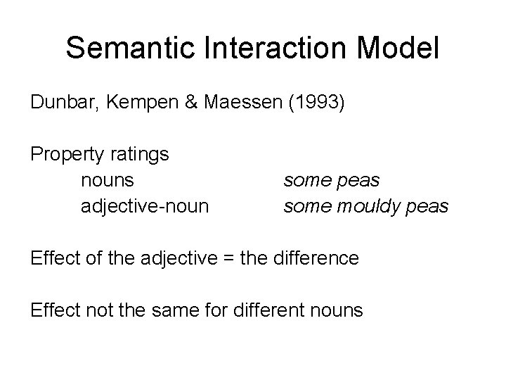 Semantic Interaction Model Dunbar, Kempen & Maessen (1993) Property ratings nouns adjective-noun some peas