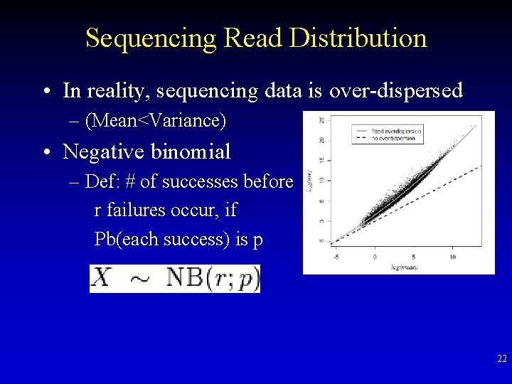 Sequencing Read Distribution • In reality, sequencing data is over-dispersed – (Mean<Variance) • Negative