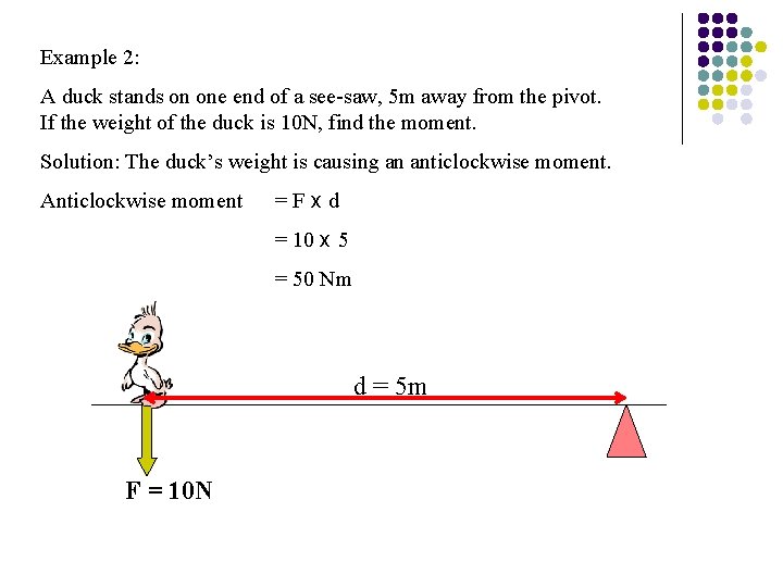 Example 2: A duck stands on one end of a see-saw, 5 m away