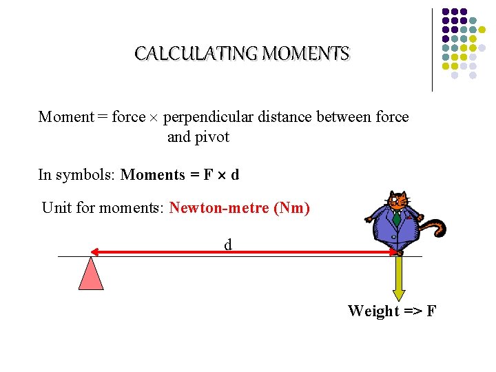 CALCULATING MOMENTS Moment = force perpendicular distance between force and pivot In symbols: Moments