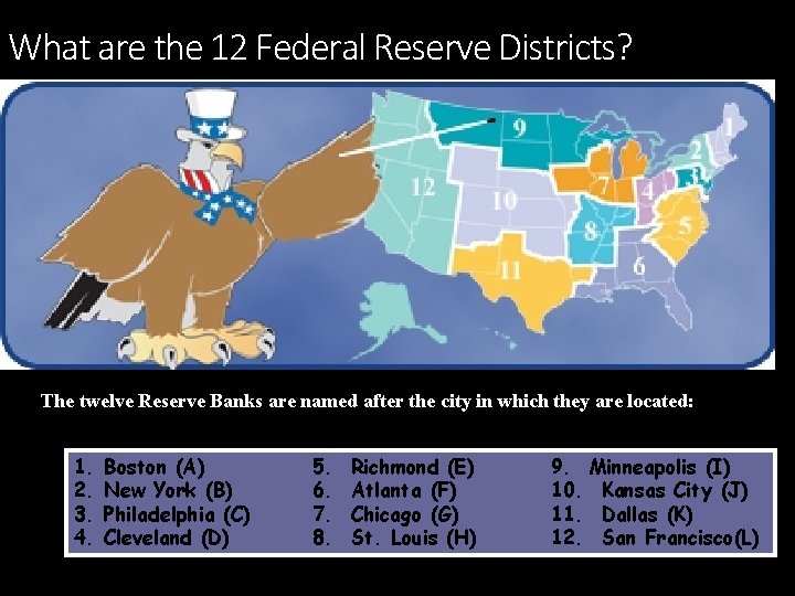 What are the 12 Federal Reserve Districts? The twelve Reserve Banks are named after