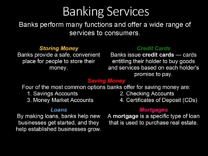 Banking Services Banks perform many functions and offer a wide range of services to