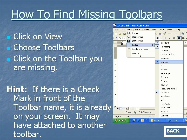 How To Find Missing Toolbars n n n Click on View Choose Toolbars Click