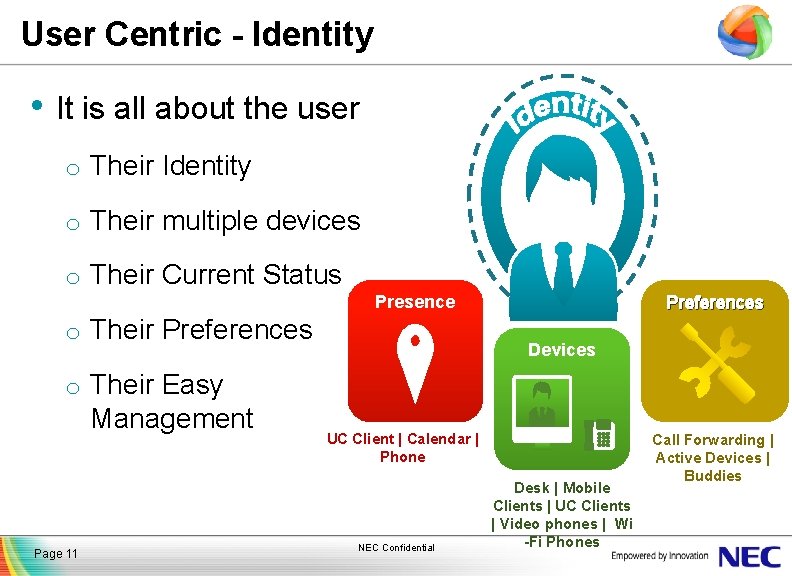 User Centric - Identity • It is all about the user o Their Identity